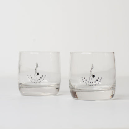Pair of Freeland Spirits logo rocks glasses